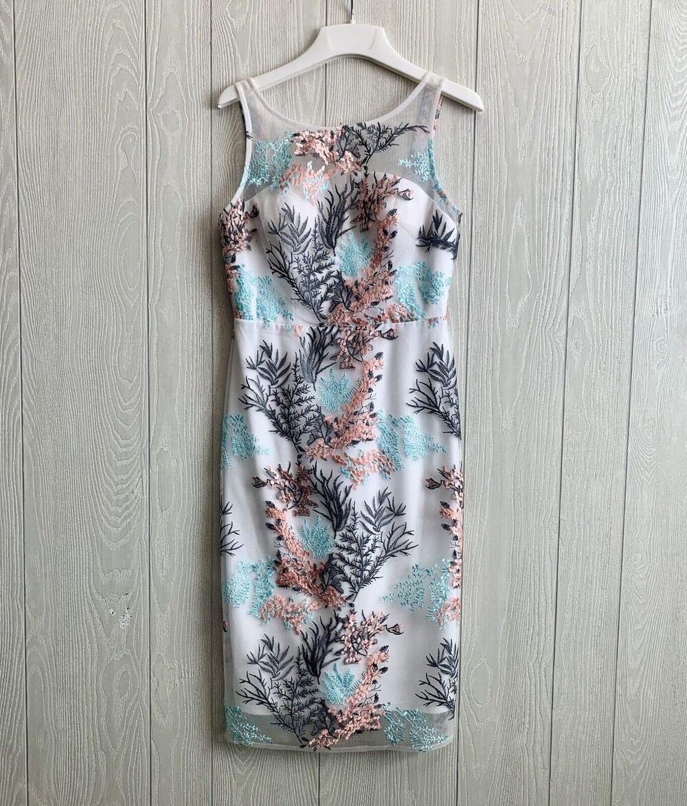 Nicole Miller Embroidered White Aqua Coral Sleeveless Dress Floral Size 2